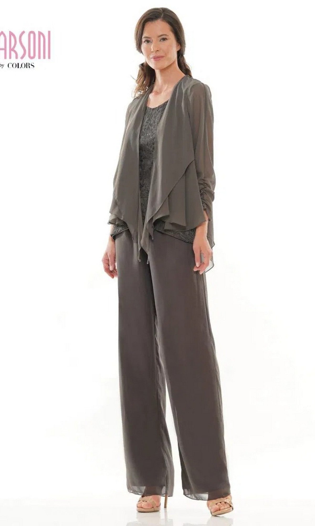 A woman models the Marsoni M303 long formal pantsuit in charcoal, featuring a sleeveless lace top, chiffon jacket, and wide-leg pants, against a plain white background.